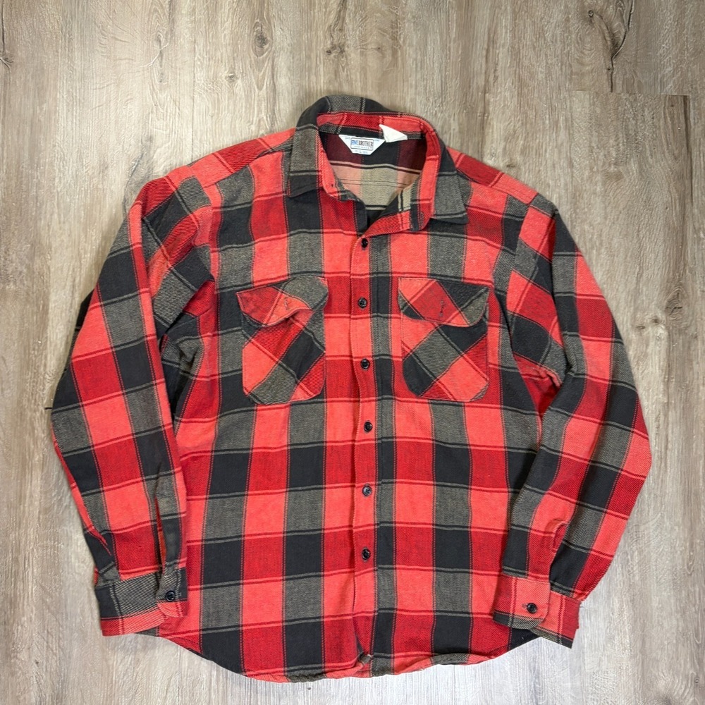 VTG Five Brothers Flannel Button Up Shirt Large Red Plaid Long Sleeve USA Cotton
